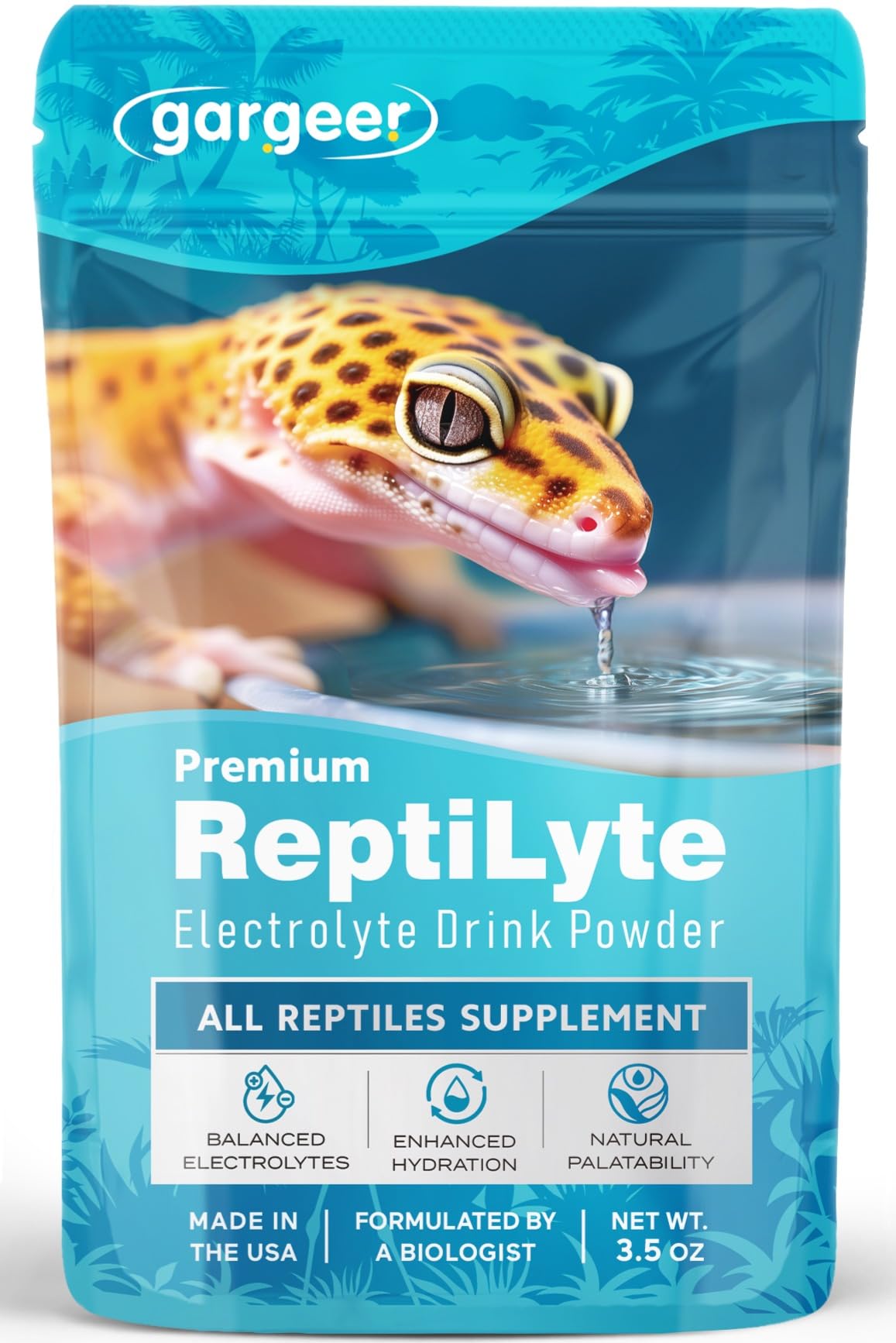 Gargeer ReptiLyte powder dissolves in water to support reptile hydration.