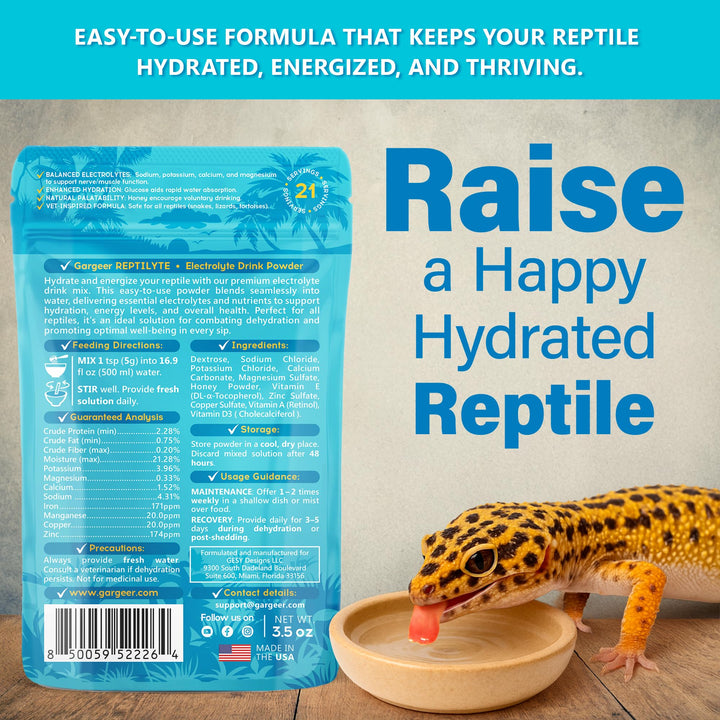 Gargeer ReptiLyte packaging beside a glass bottle highlights easy daily serving.