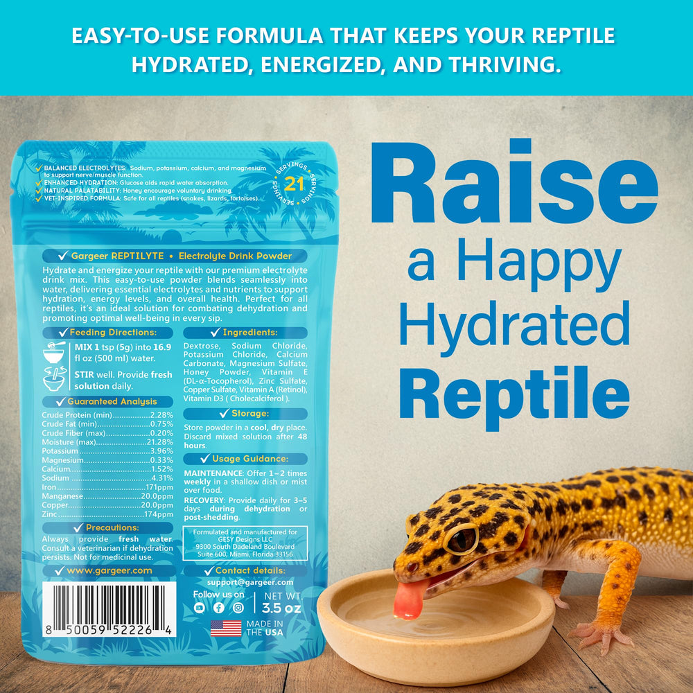 Gargeer ReptiLyte packaging beside a glass bottle highlights easy daily serving.