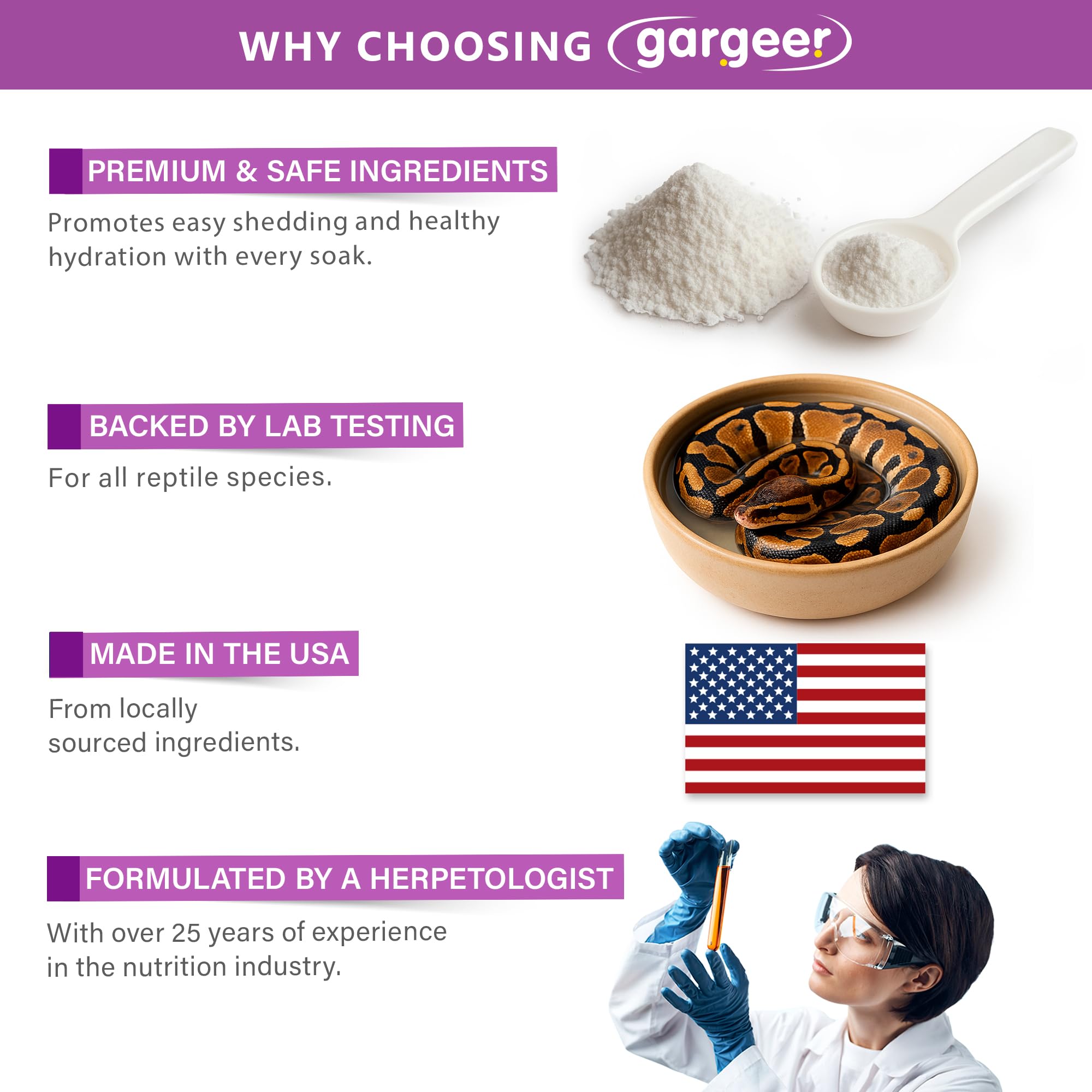 Gargeer ReptiShed chamomile botanicals soothe irritation during shedding.