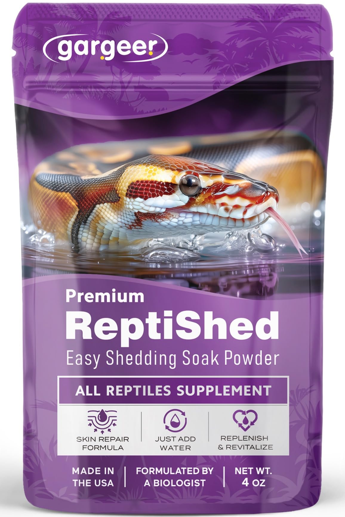 Gargeer ReptiShed powder packaging shown for easy prep and storage.