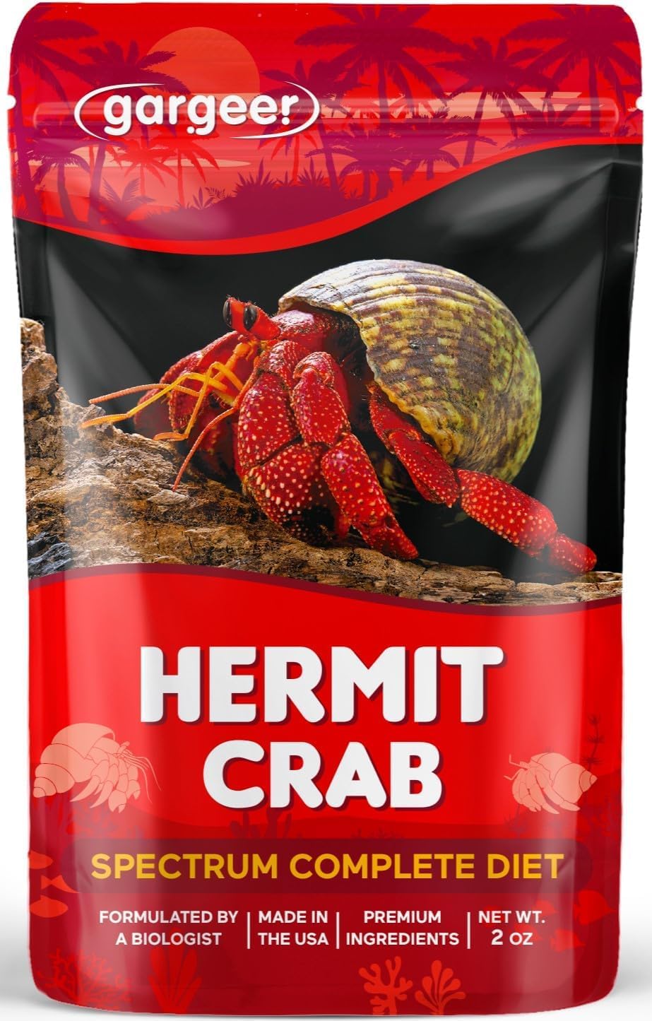 Gargeer Spectrum hermit crab diet bottle showing color-enhancing nutrition.