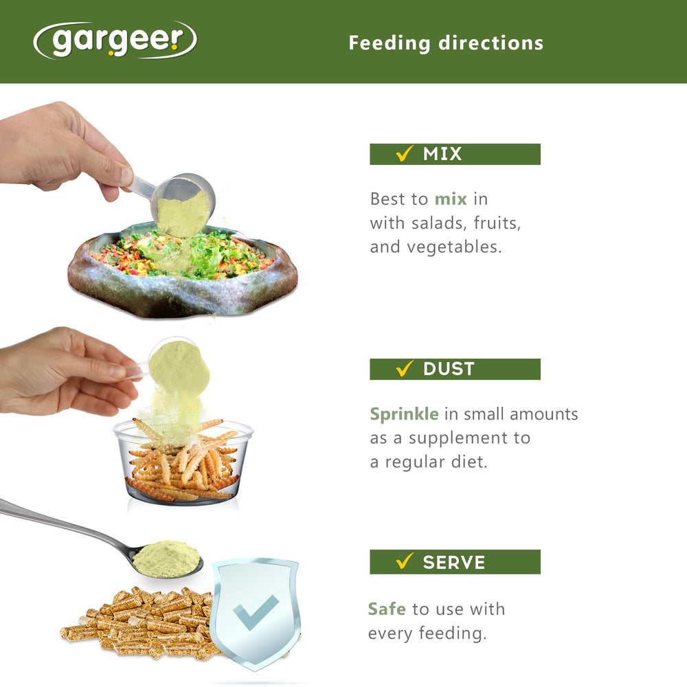 Gargeer 2oz Forest Tortoise Topper meal-sprinkle used on greens for flavor and nutrients.