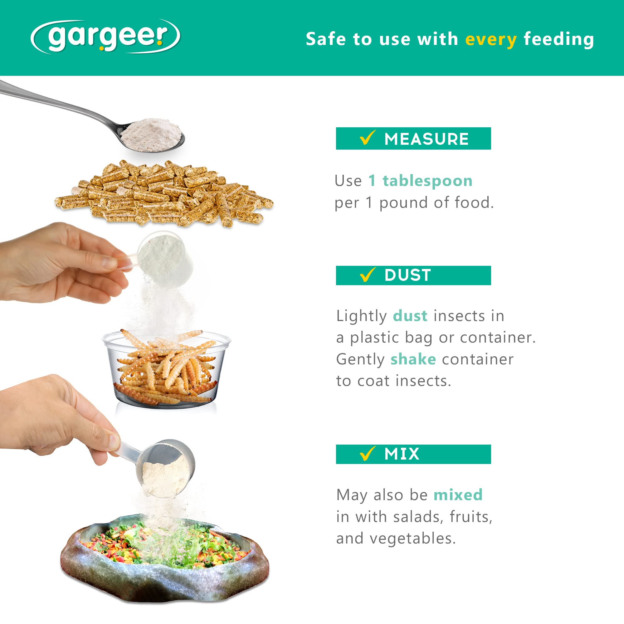 Close-up of the Gargeer calcium bottle highlighting USA-made, phosphorus-free formula.