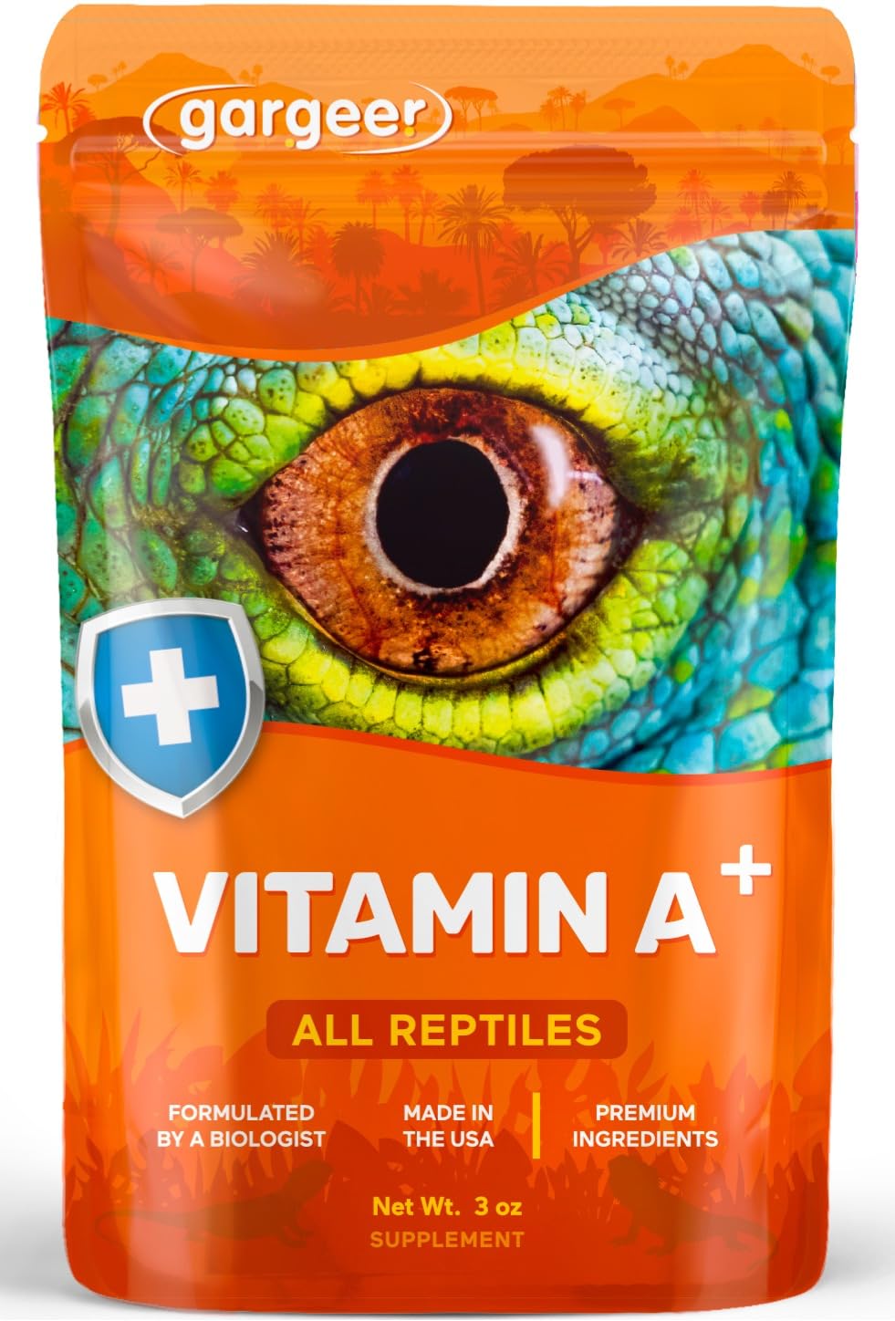 Gargeer Vitamin A Plus bottle pouring into reptile meals for a simple vitamin A boost.