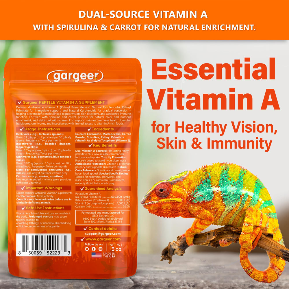 Gargeer Vitamin A Plus jar label notes USA-made quality for reptile nutrition.