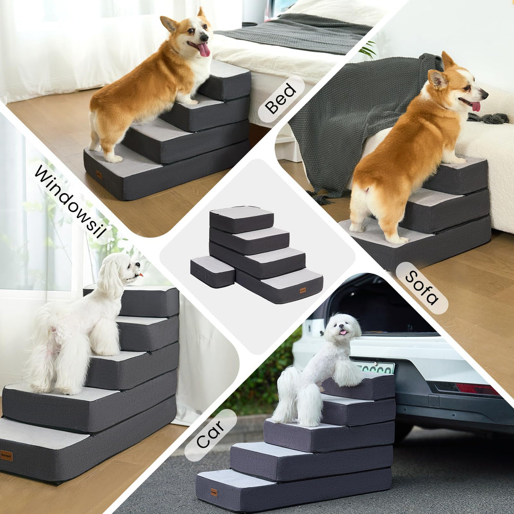 Garnpet 4-Step adjustable dog stairs folded into a cozy bed configuration.