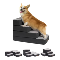Garnpet 4-Step adjustable dog stairs front view in grey helping small pets reach the bed.
