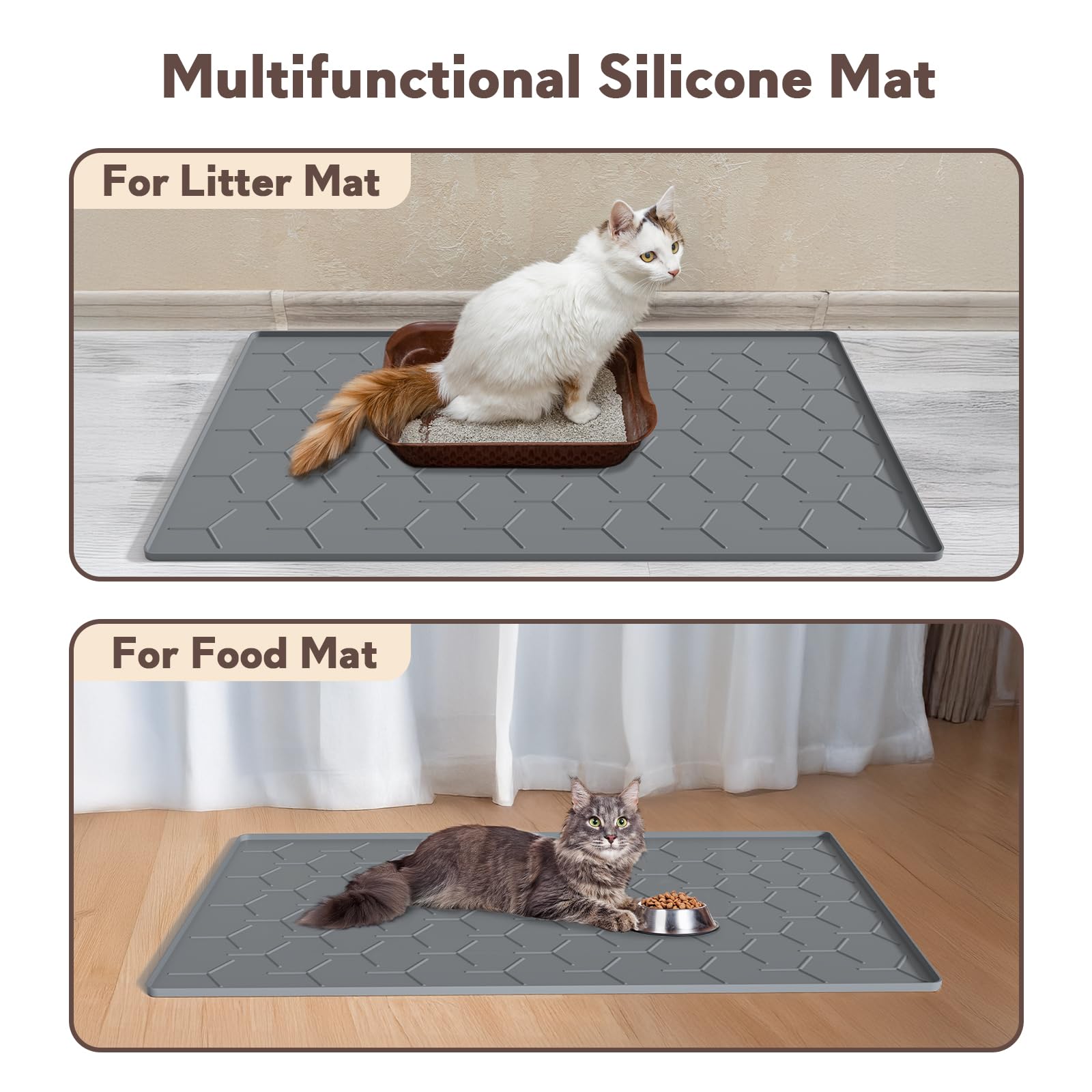 Garoopion mat placed under litter box for containment.
