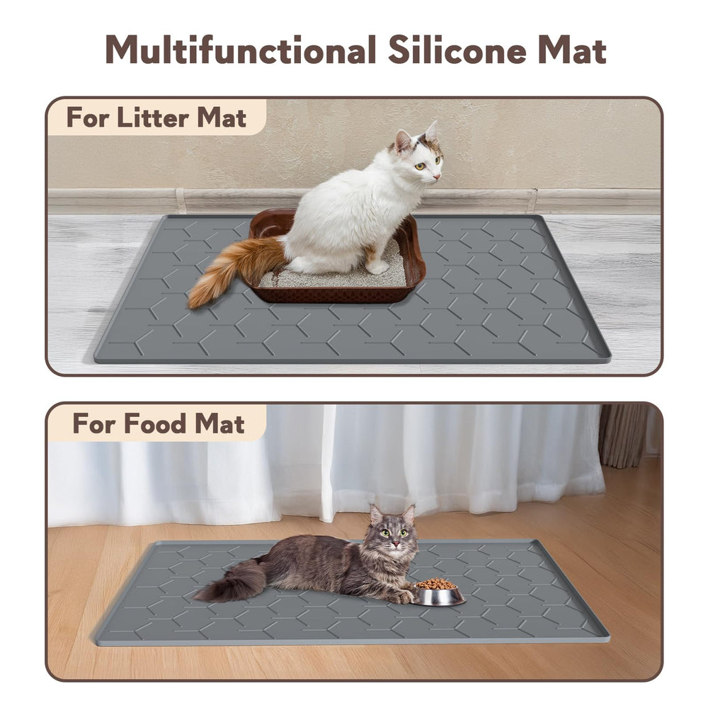 Garoopion mat placed under litter box for containment.