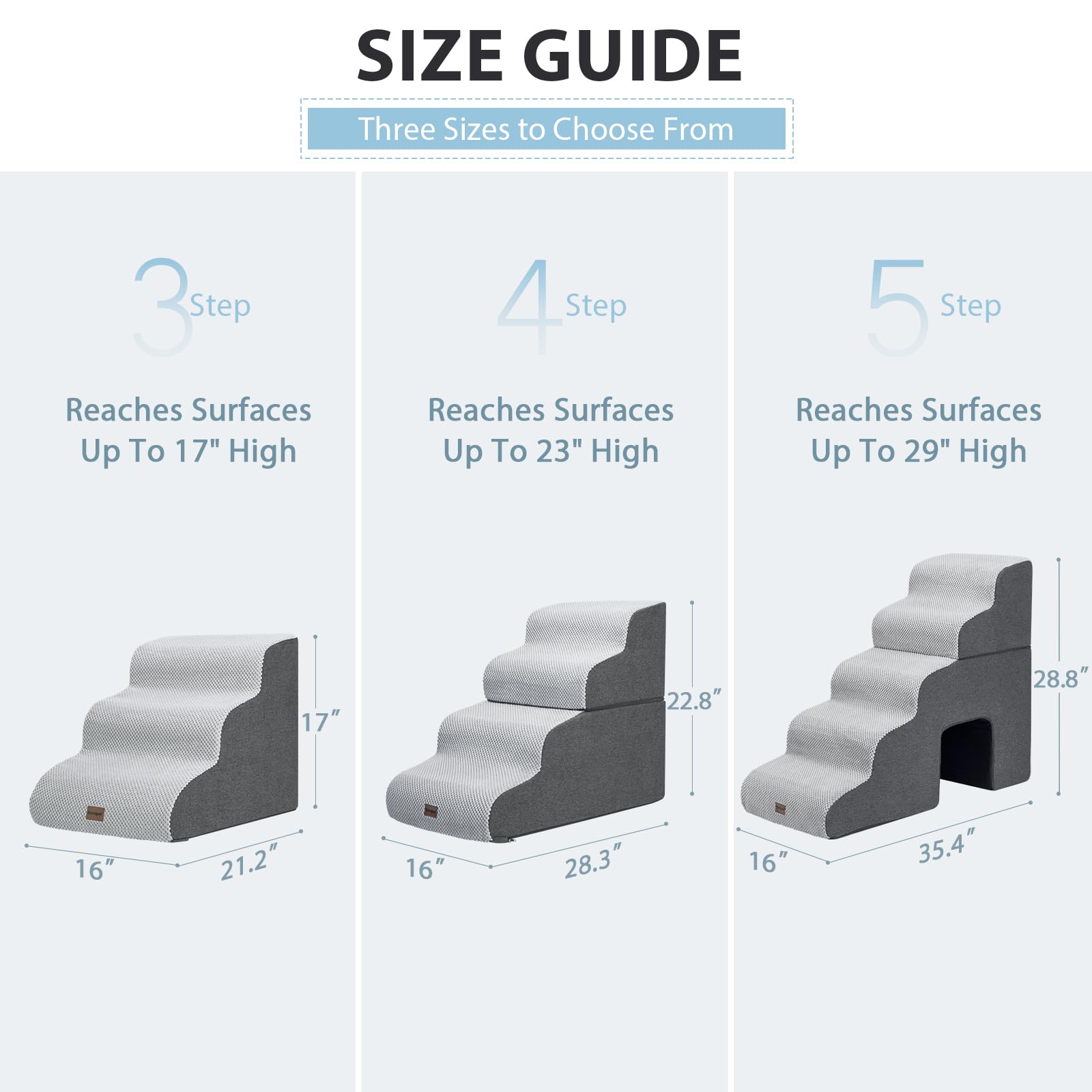 Garpet dog stairs available in 3, 4, and 5-step options for furniture heights
