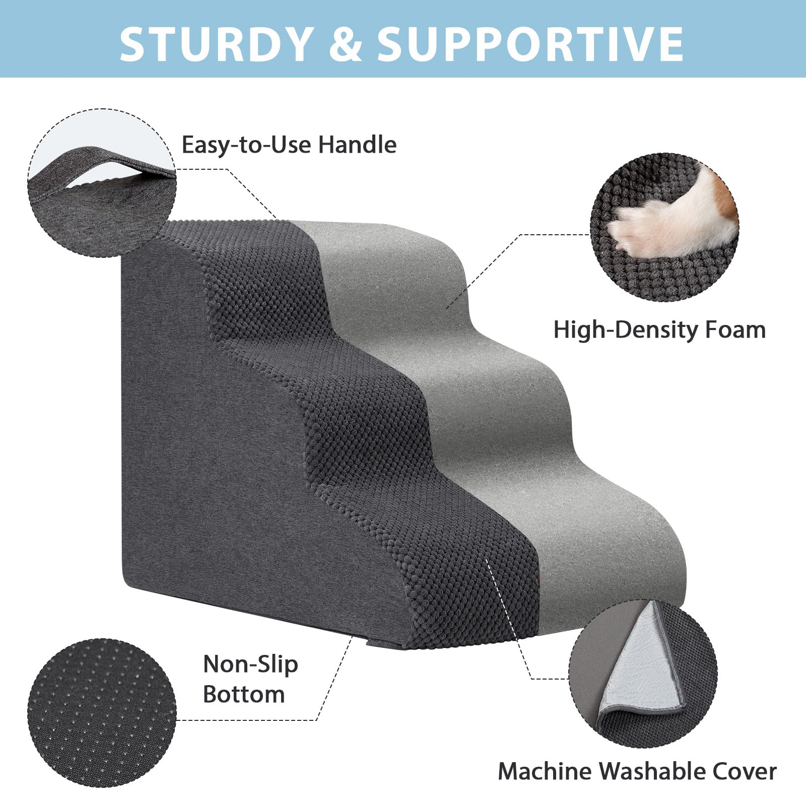 Garpet dog stairs dark grey color blends with home decor
