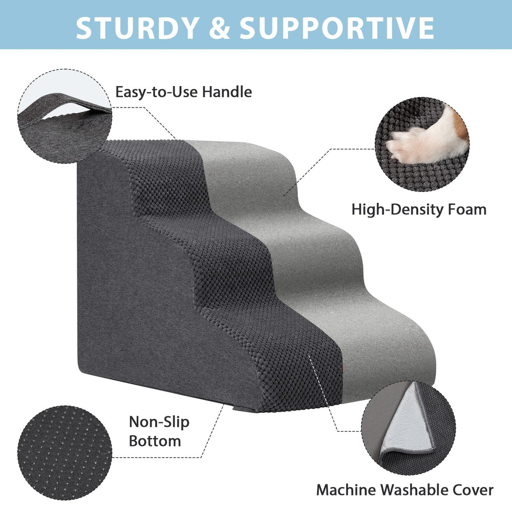 Garpet dog stairs dark grey color blends with home decor