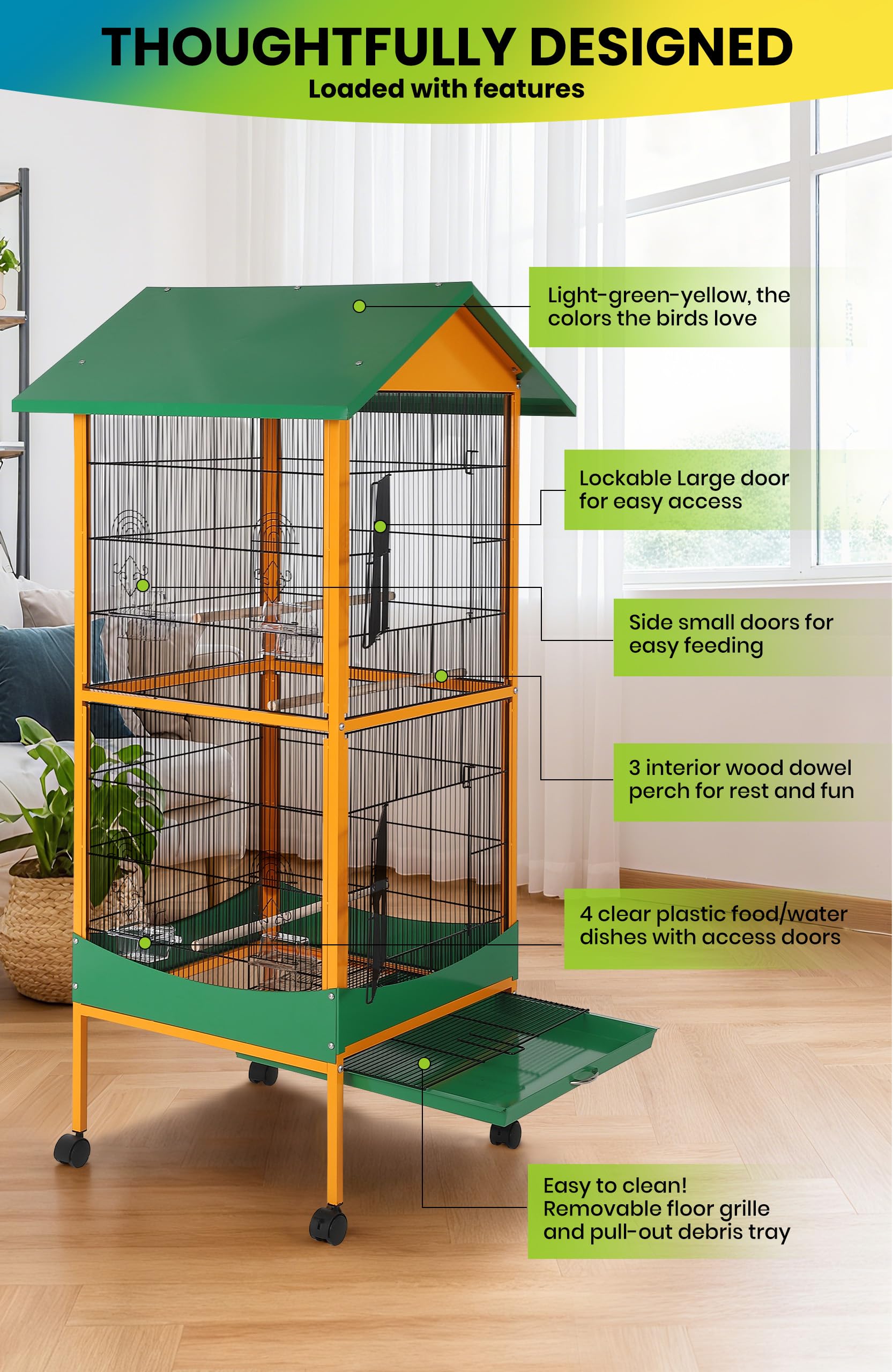 Garvee cage with 360-degree wheels for easy mobility and stable positioning.