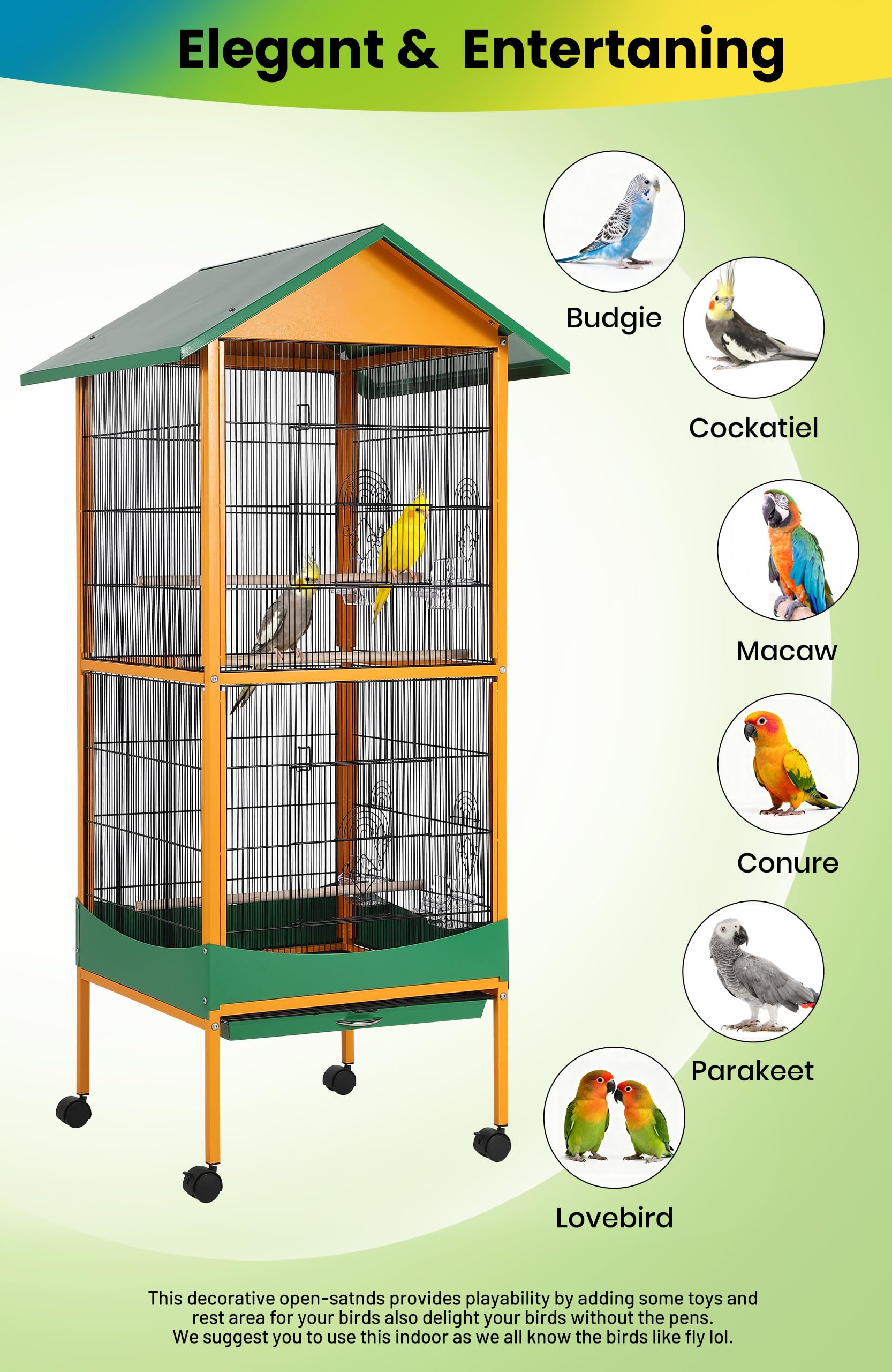 Interior view of Garvee cage showing ample space for multiple birds and perches.