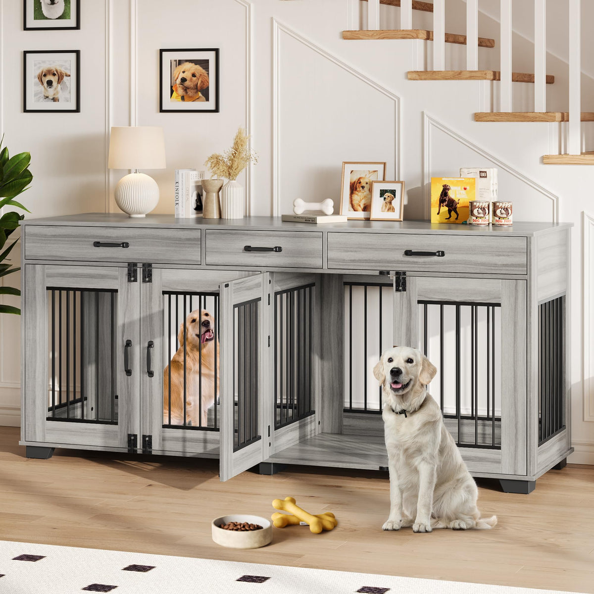 GarveeLife 71'' dog crate furniture overview shows spacious double kennel for two dogs.
