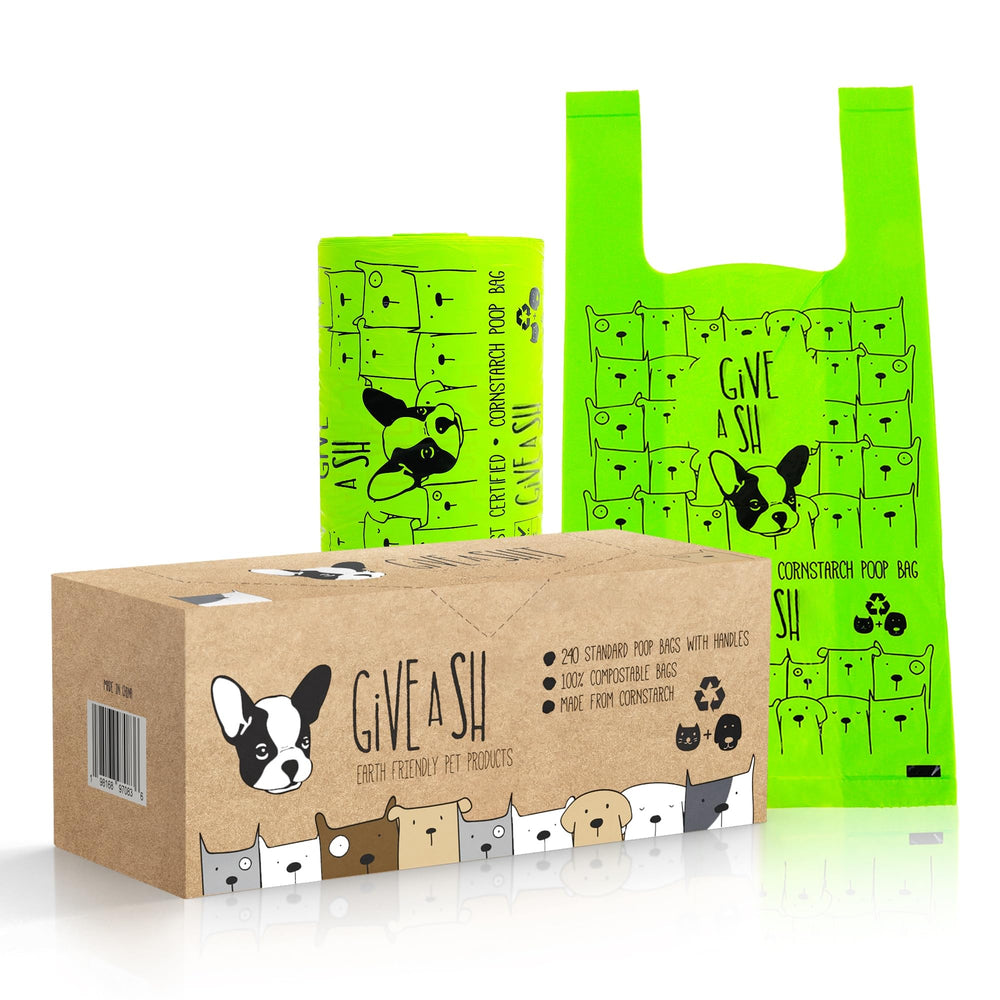 G.A.S certified dog poop bags with handles on pantry roll.