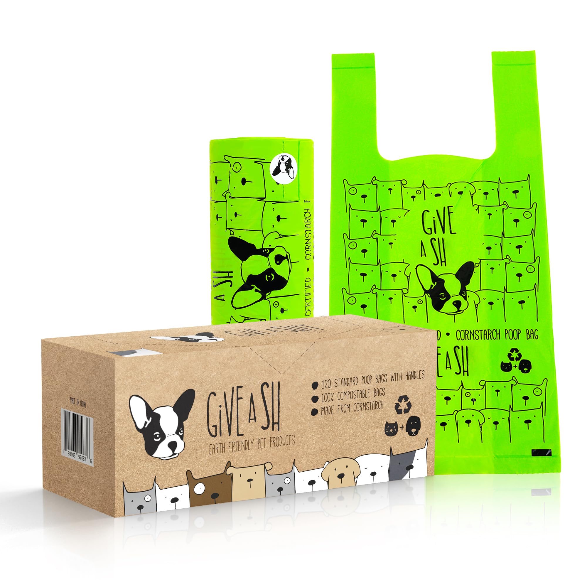 G.A.S certified compostable dog poop bags with handles for easy disposal on walks.