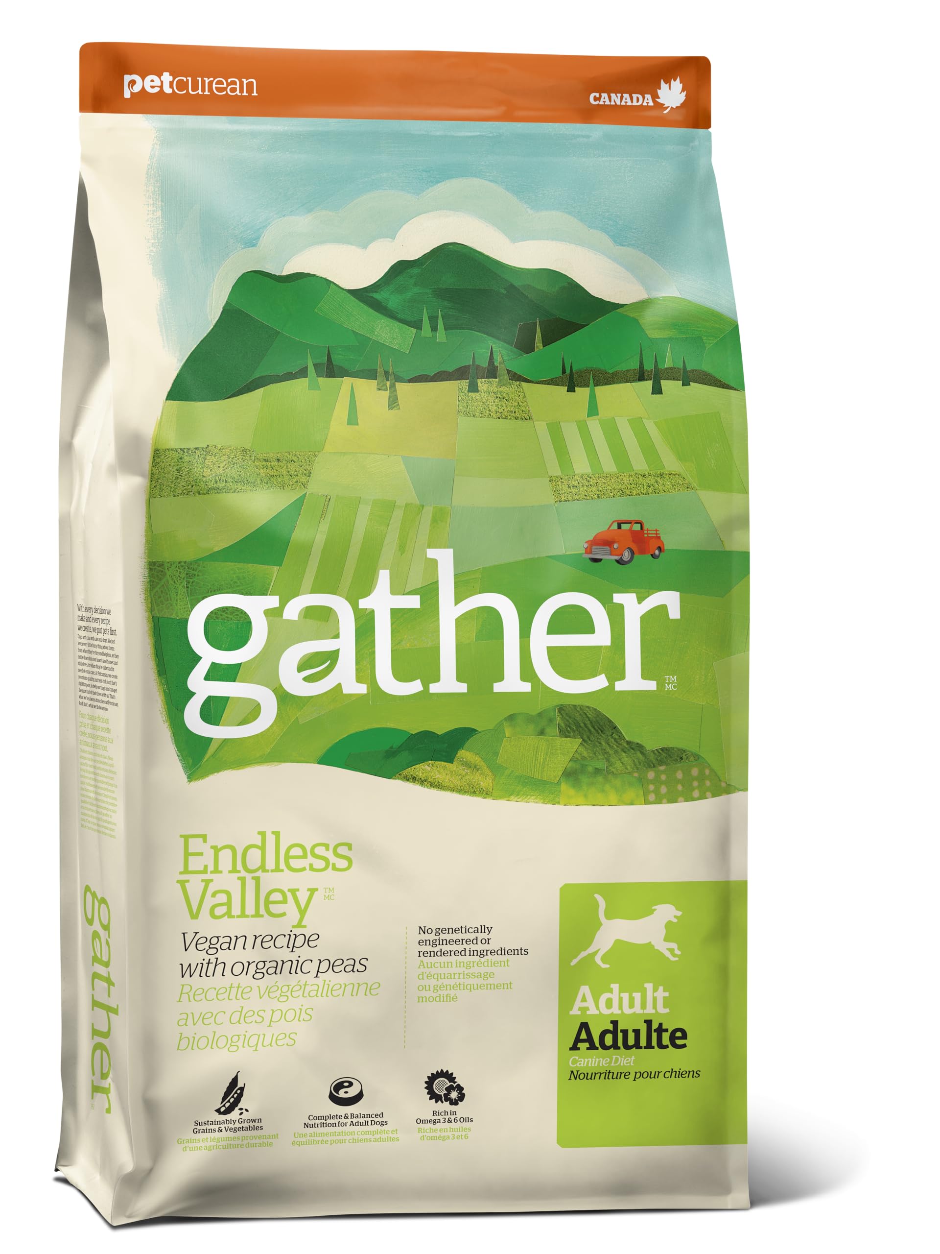 GATHER Endless Valley vegan dog food bag with plant-based formula.