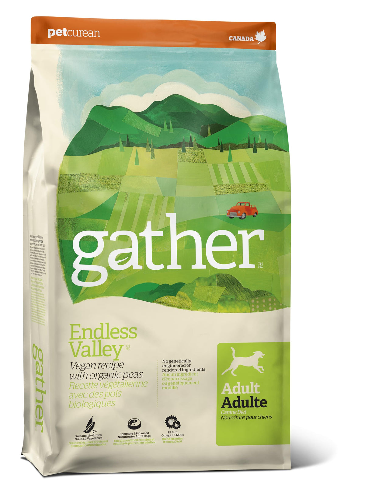 GATHER Endless Valley vegan dog food bag with plant-based formula.