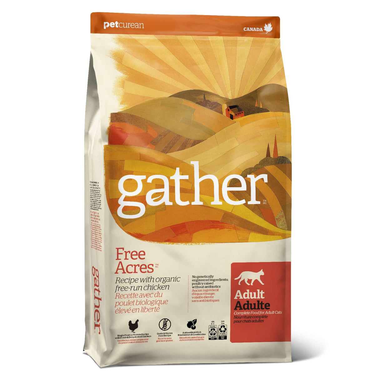 Gather Free Acres chicken kibble bag highlights organic protein for adult cats