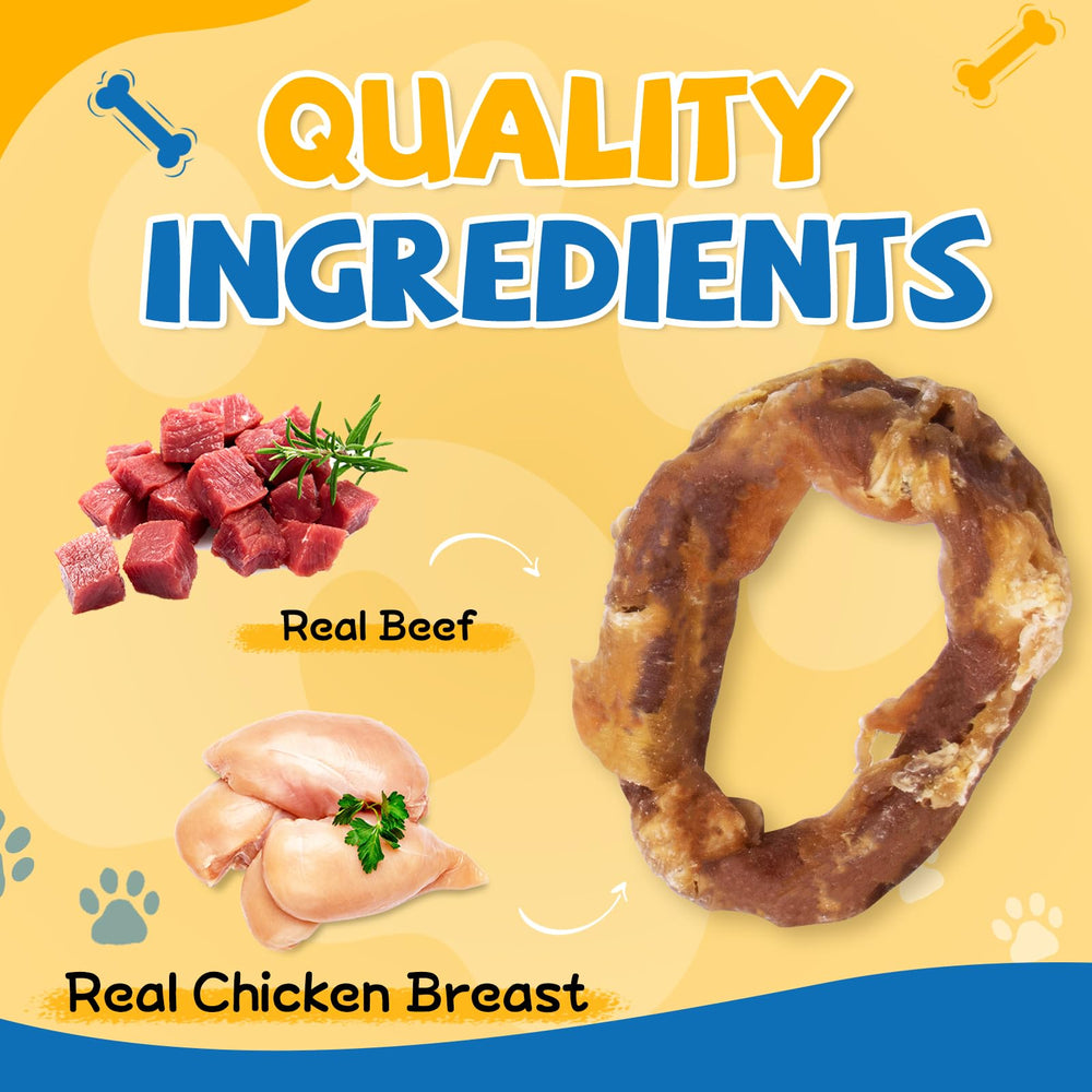 Gazeupon chicken-wrapped meat ring close-up showing chewy texture for engaging chew sessions.