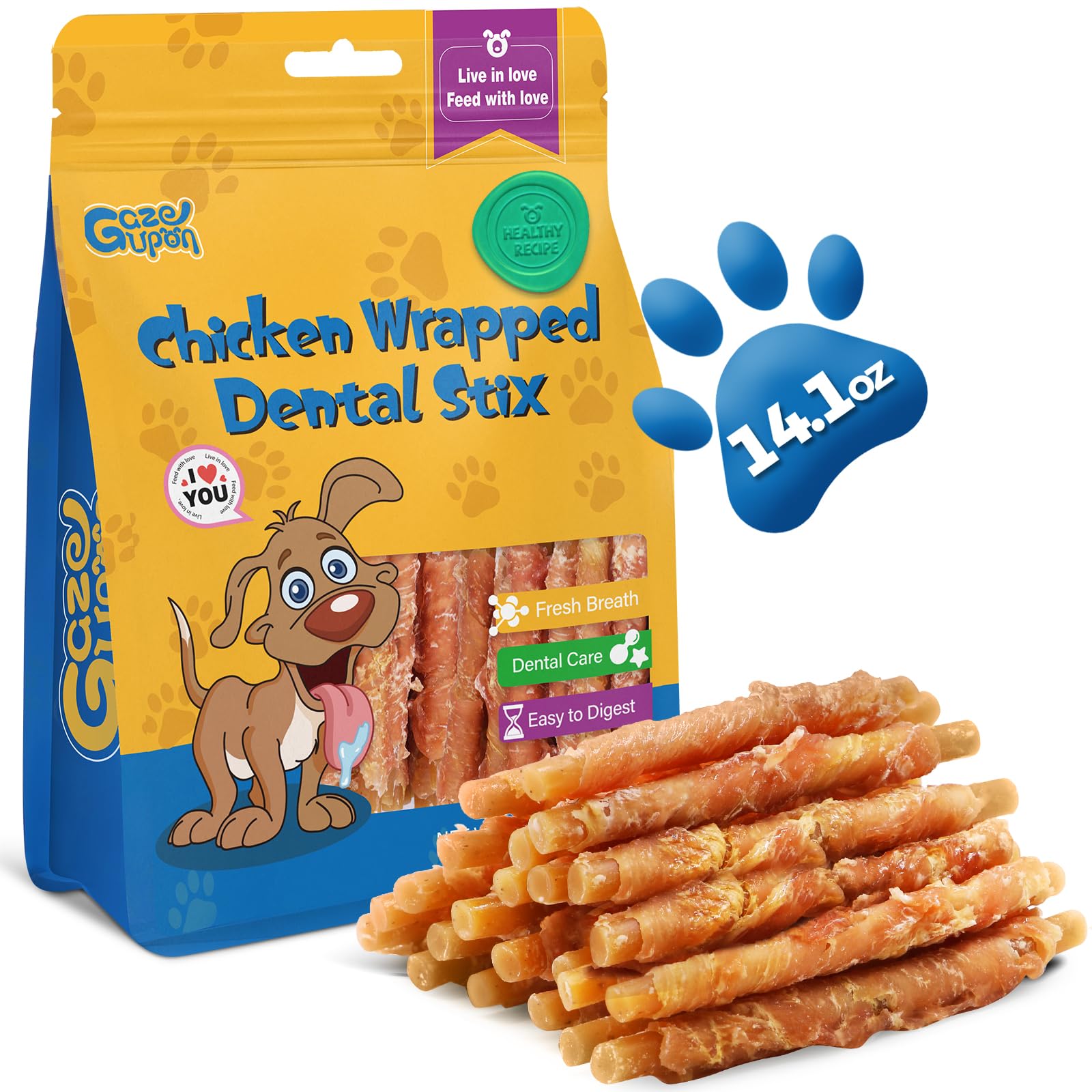 Gazeupon dog dental treats: chicken-wrapped peanut butter stick in action, promoting easy chewing.