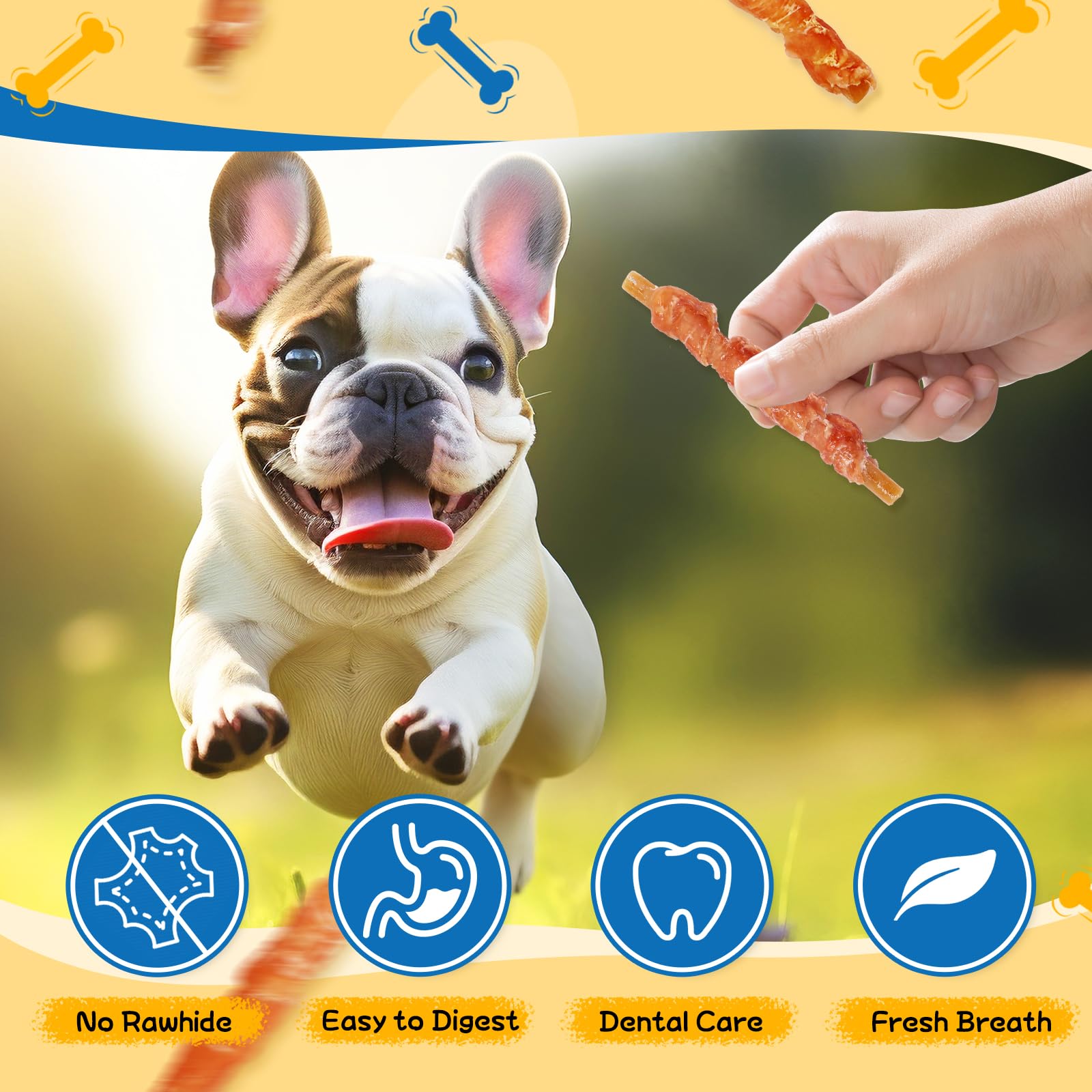 Gazeupon dog dental treats stick resting in a bowl highlights natural ingredients.