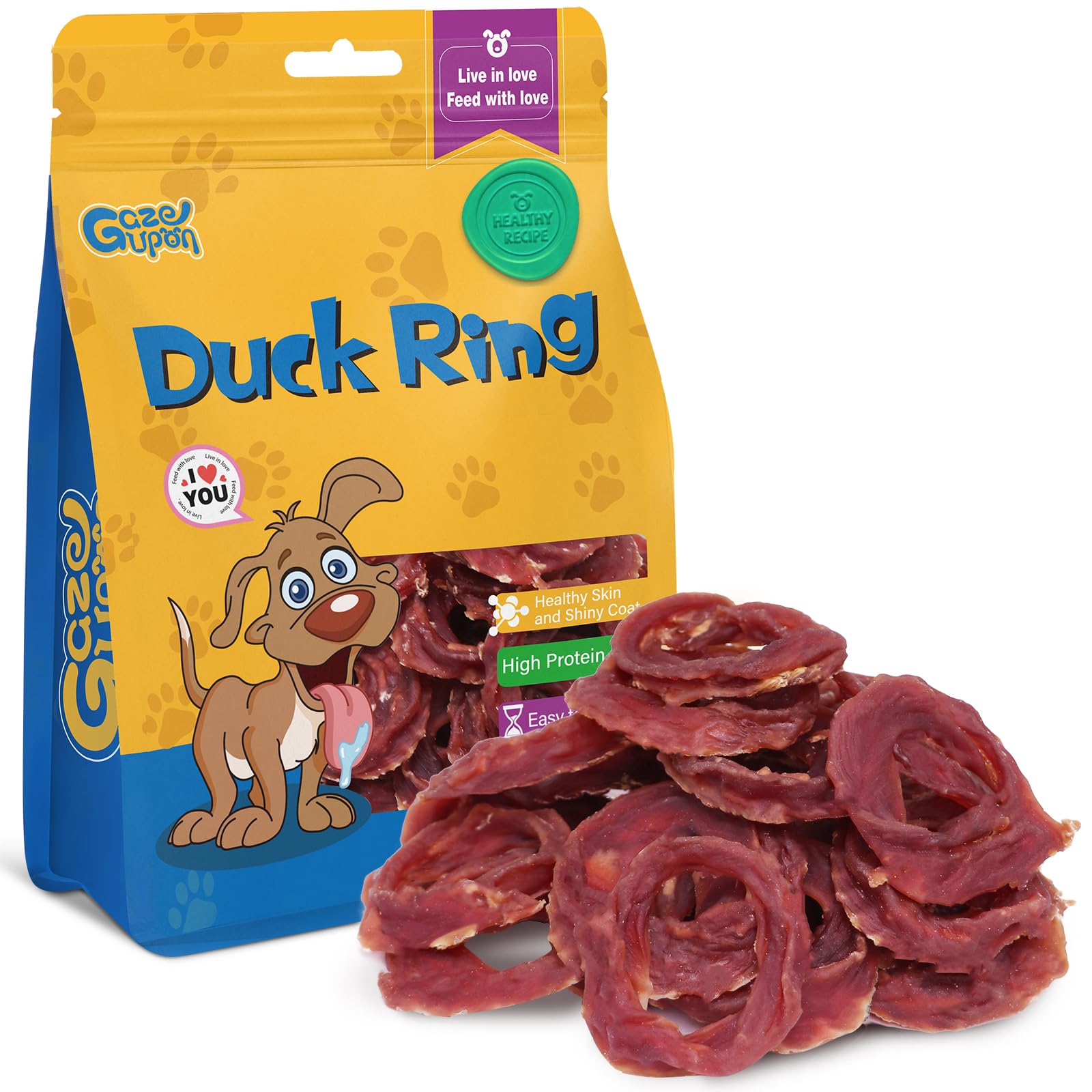 Gazeupon duck jerky rings closeup showing protein rich training reward for dogs