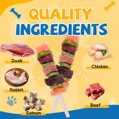 gazeupon dog treats kabob close-up with meaty chunks for chewy texture