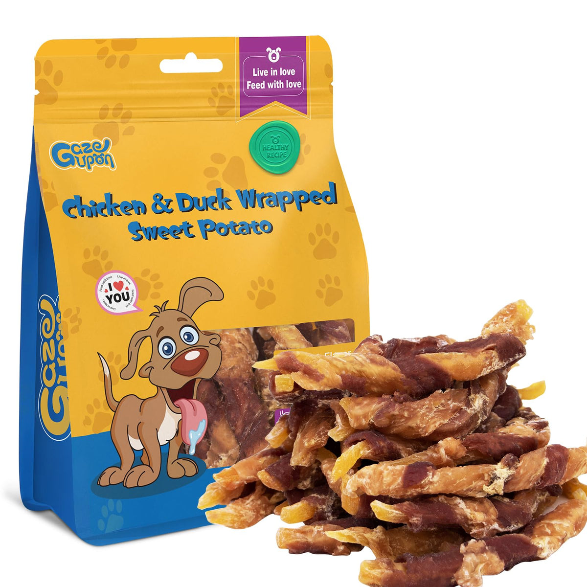 GazeUpon dog treats packaging shows chicken and duck wrapped in sweet potato for wholesome snacking.