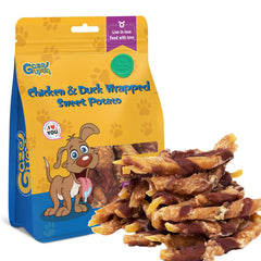 GazeUpon dog treats packaging shows chicken and duck wrapped in sweet potato for wholesome snacking.