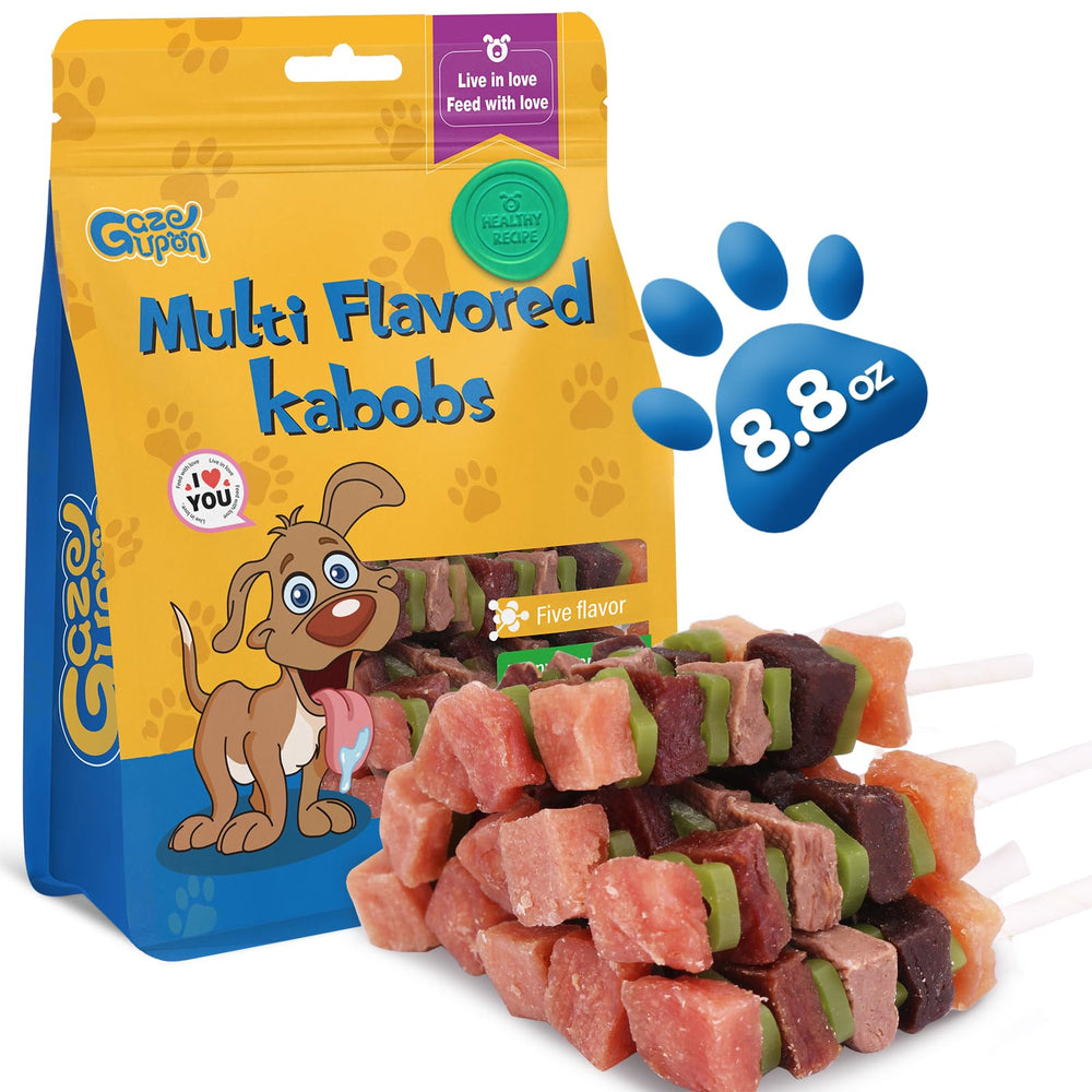 gazeupon dog treats multi-flavored kabobs packaging showcases protein-rich, grain-free recipe