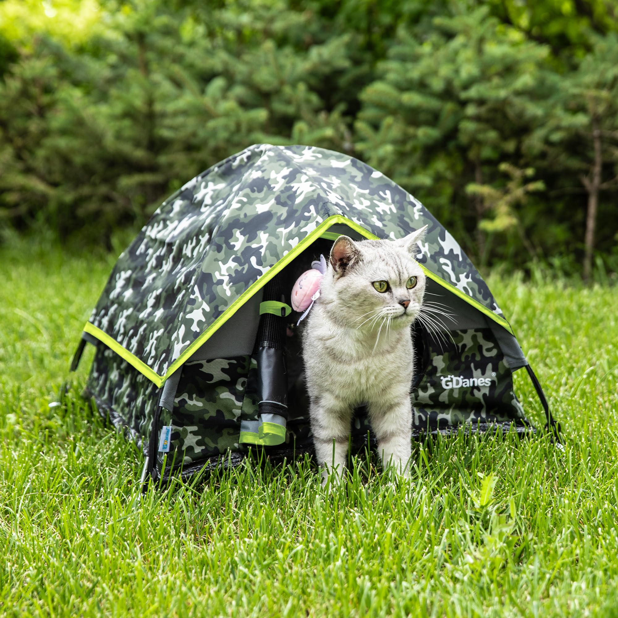 GDanes camouflage cat tent carrying bag included for quick travel.