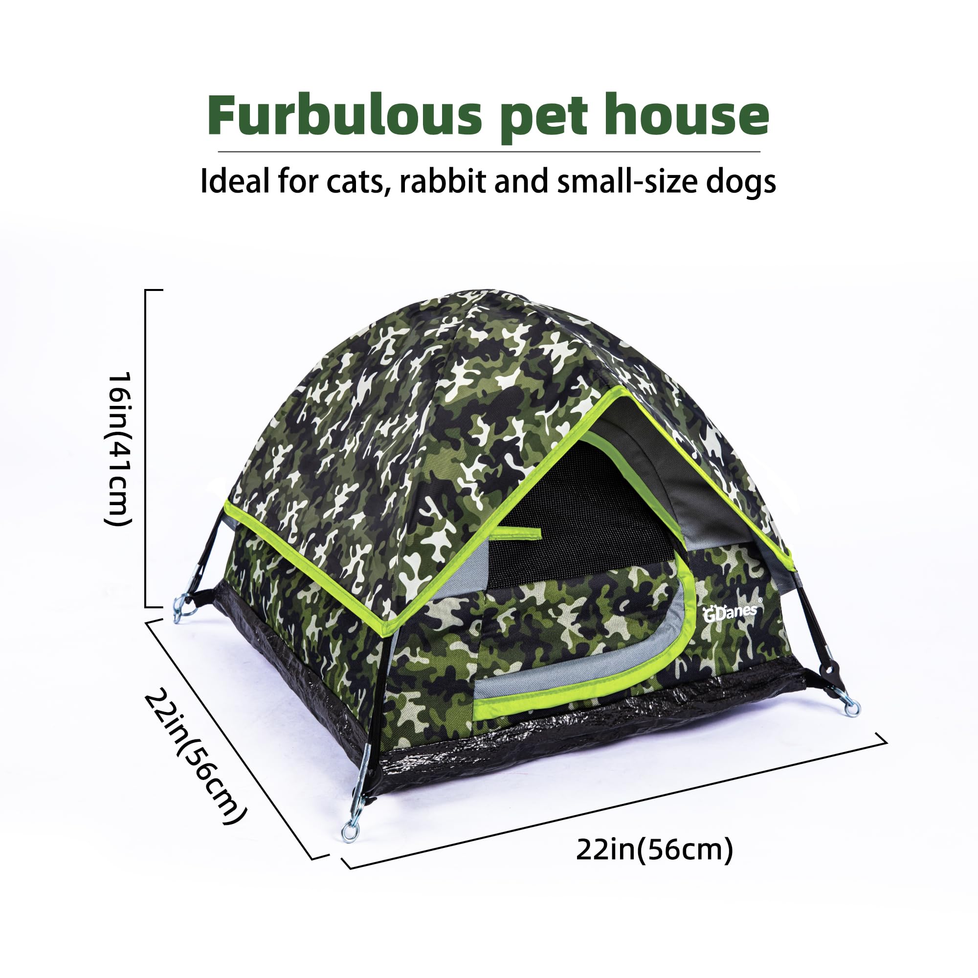 GDanes camouflage cat tent front door zipper for easy access.