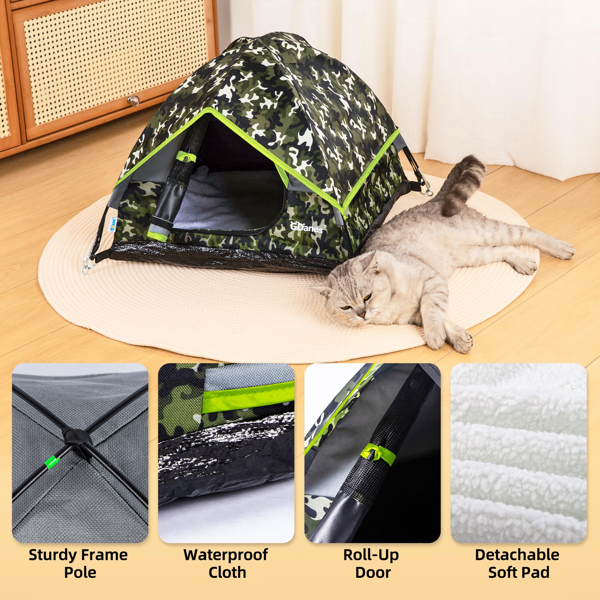 GDanes camouflage cat tent portable design for easy setup and transport.