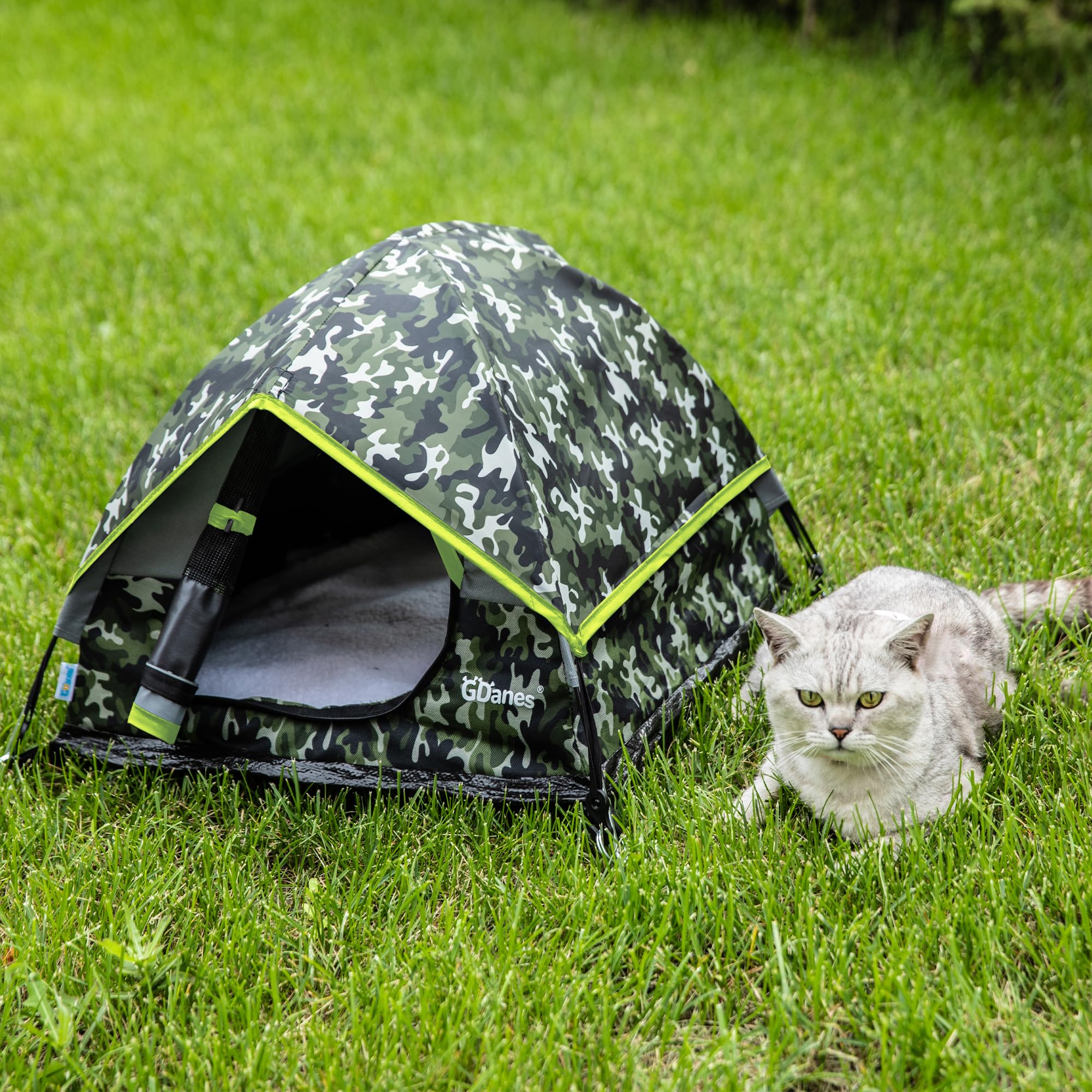 GDanes camouflage cat tent versatile for cats, small dogs, and rabbits indoors or outdoors.