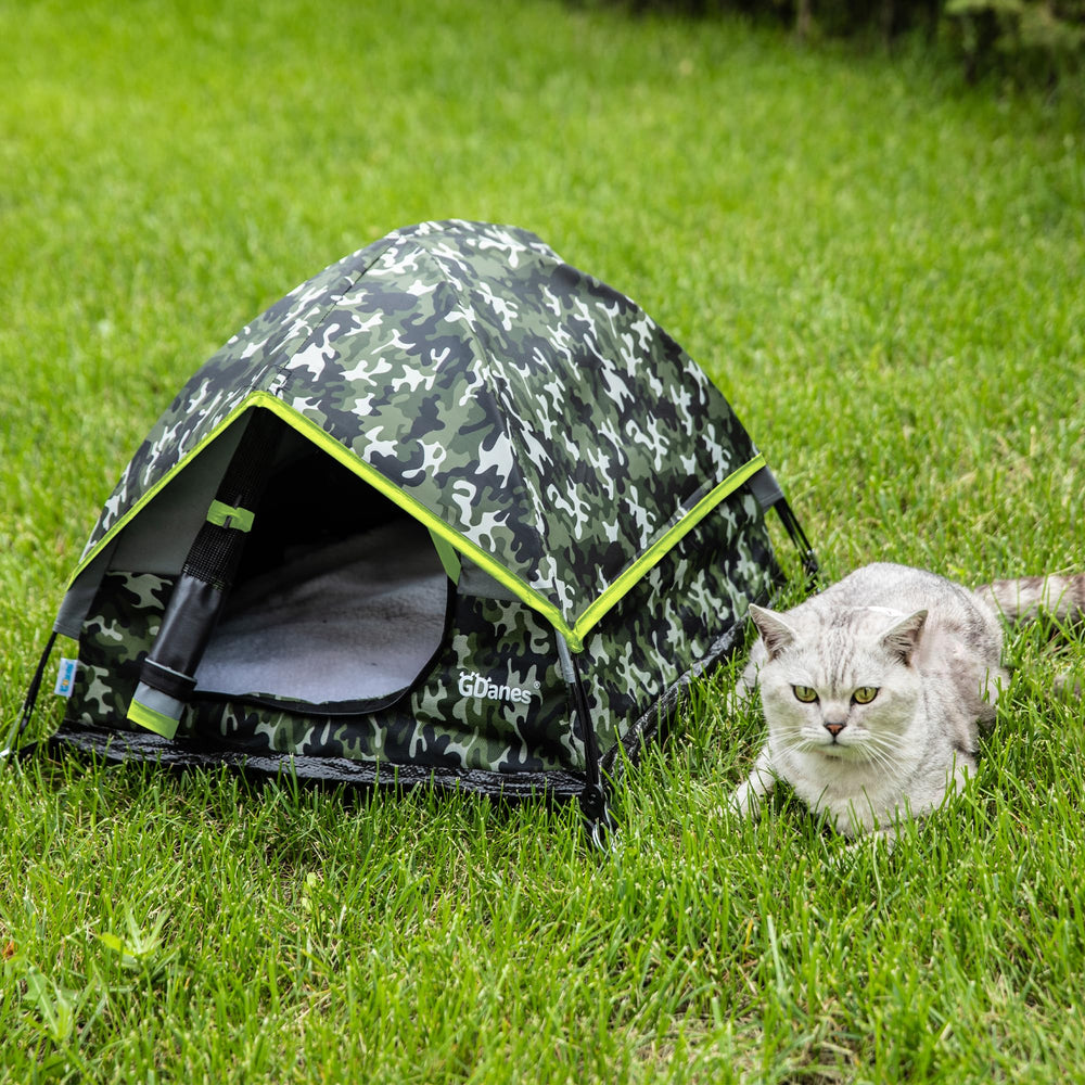 GDanes camouflage cat tent versatile for cats, small dogs, and rabbits indoors or outdoors.