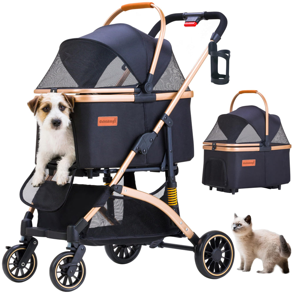 GdnWings pet stroller front view shows a lightweight frame for easy travel with a small dog