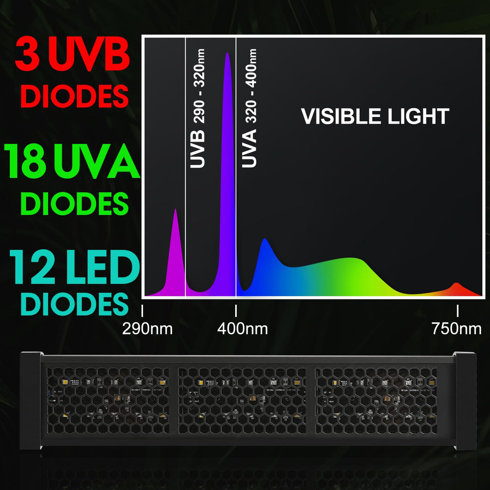 GeeKoit UVB light closeup of spectrum diodes illustrates UVB and UVA emission