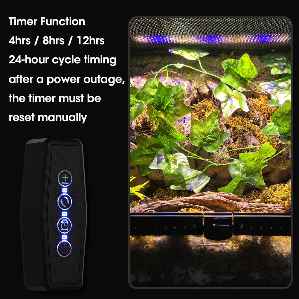 GeeKoit UVB light timer settings image shows 4H/8H/12H cycle options