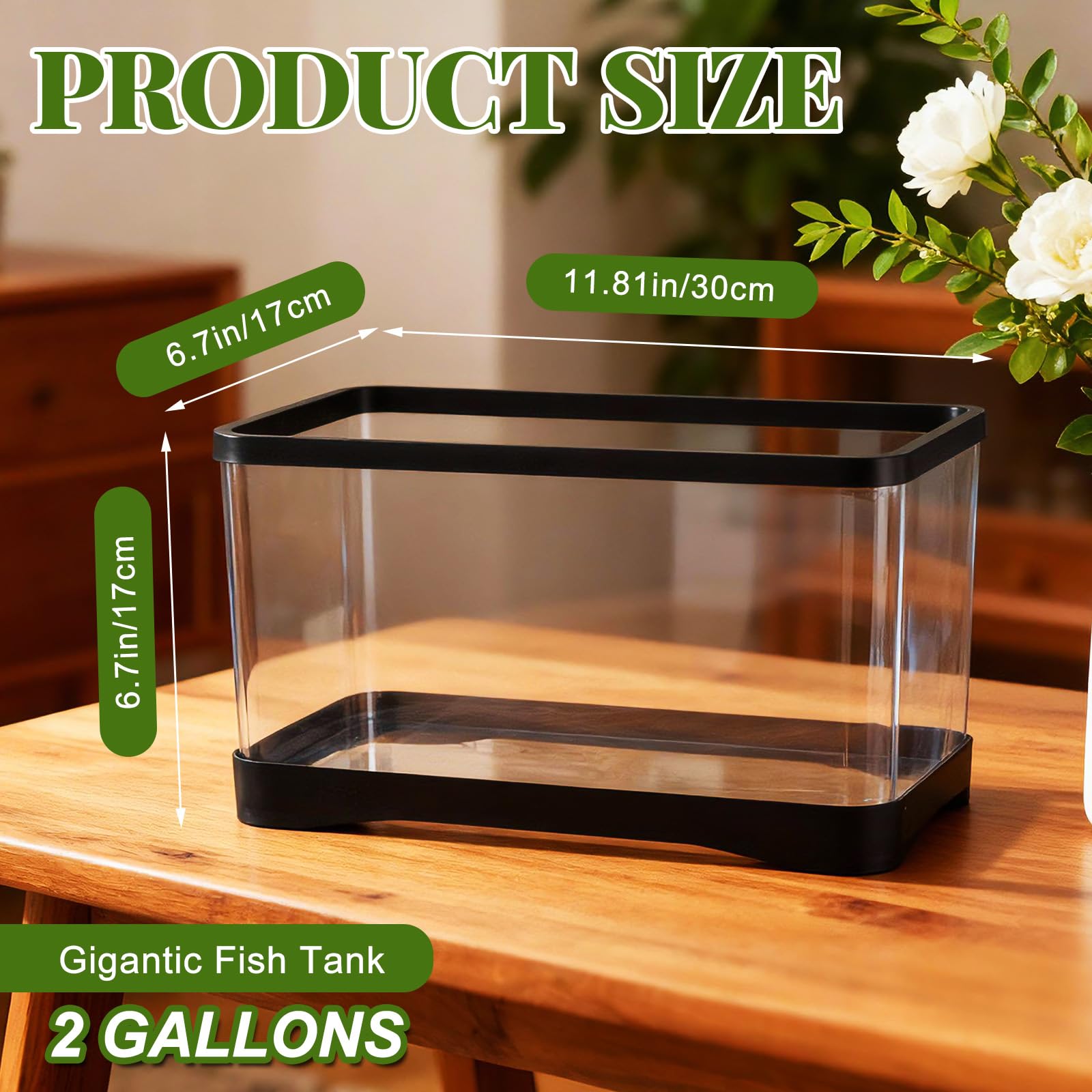 Geelin 2-gallon rectangular fish tank side view showing slim desk footprint