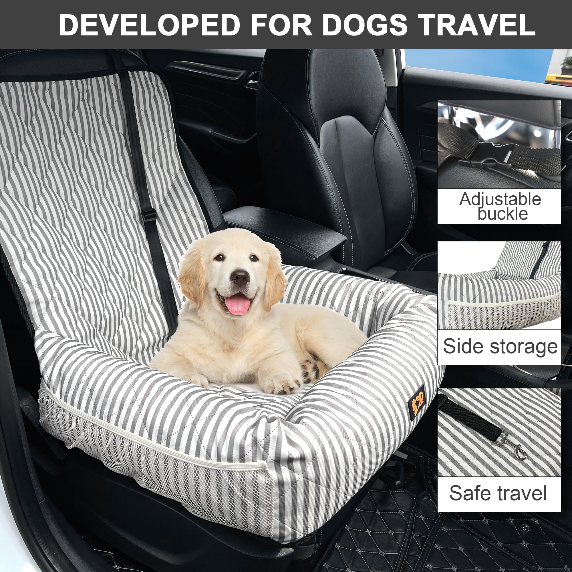 GeerDuo dog car seat stripes front view highlights elevated booster height