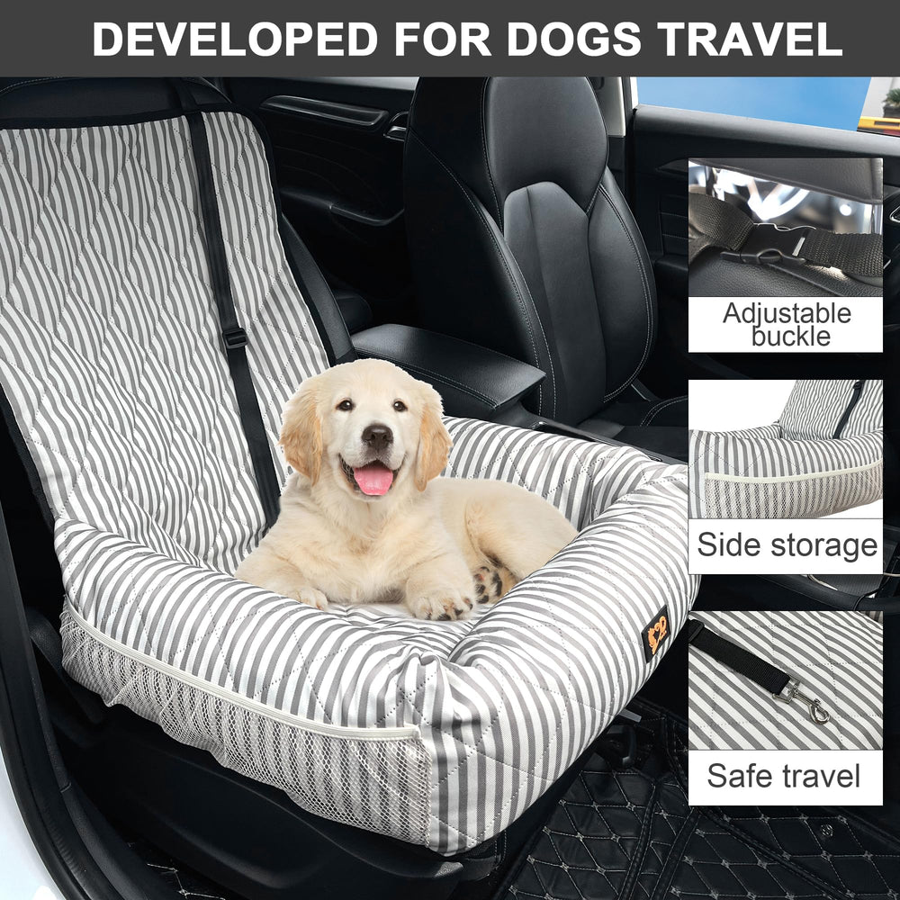 GeerDuo dog car seat stripes front view highlights elevated booster height