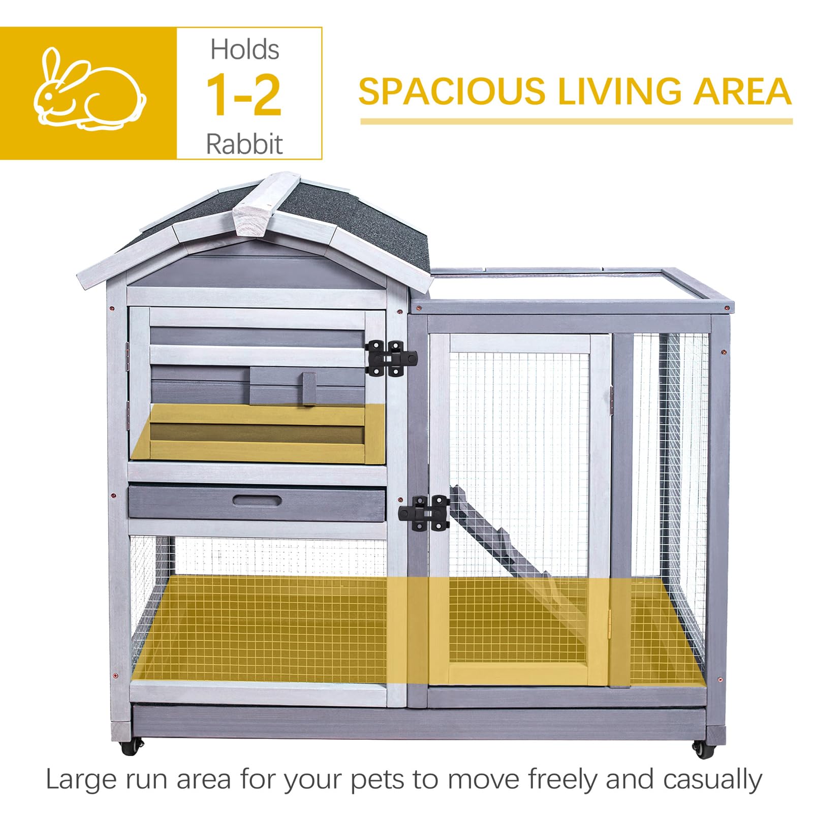 GEGURI rabbit hutch with wheels demonstrates easy mobility for flexible setups.