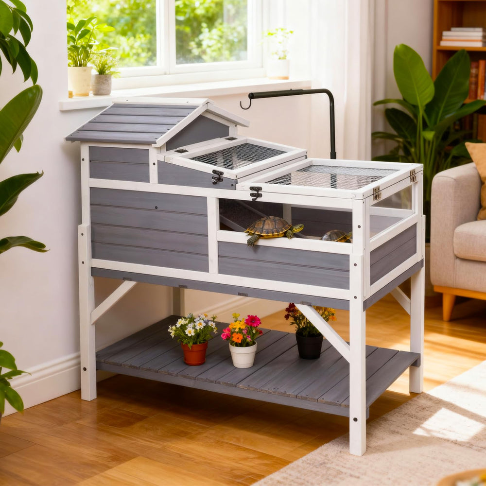 GEGURI wooden turtle cage supports outdoor use with weather-resistant paint.