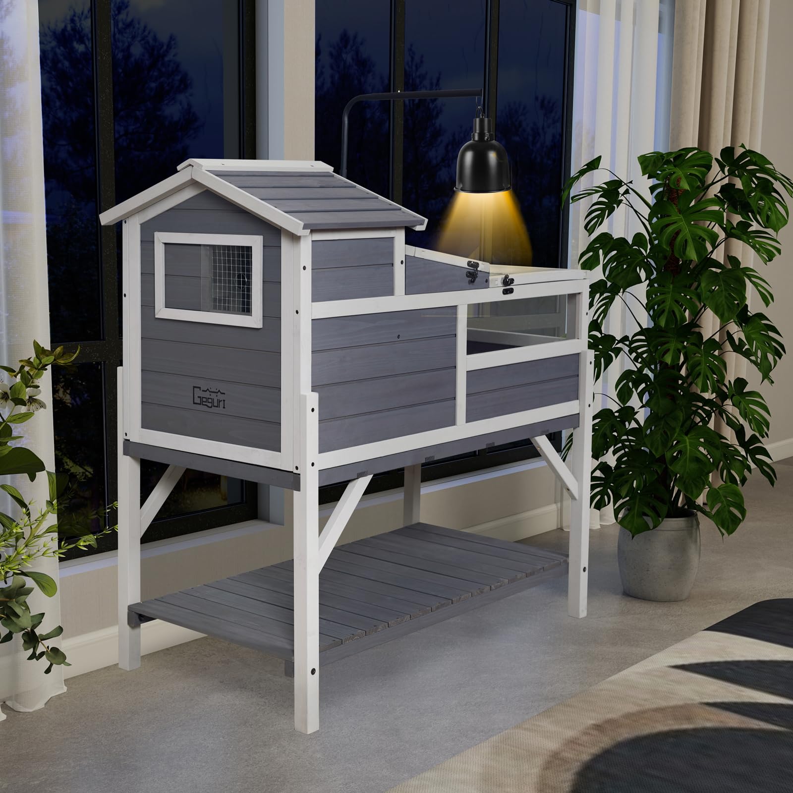 GEGURI tortoise habitat includes durable storage shelf for accessories and care items.