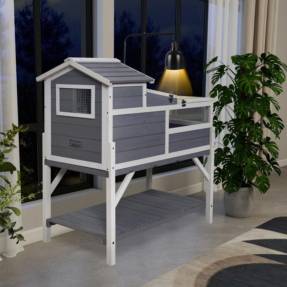 GEGURI tortoise habitat includes durable storage shelf for accessories and care items.