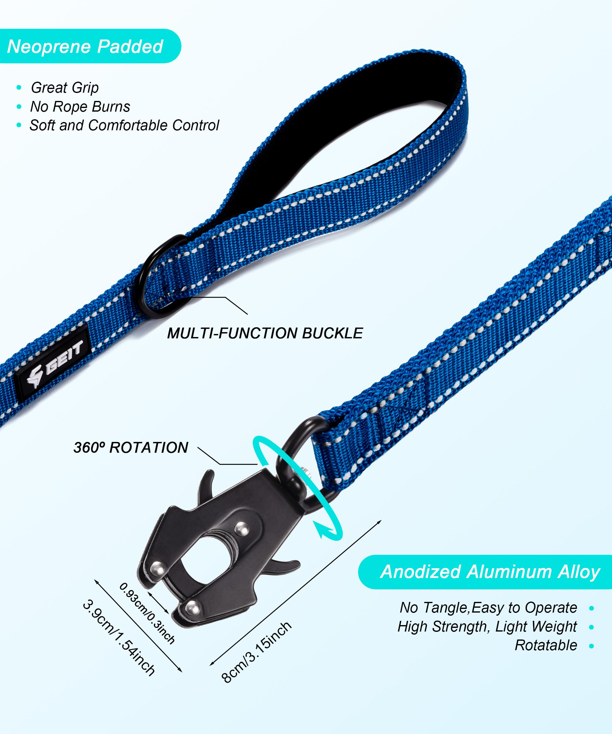 Geit leash shows two-layer nylon weave and robust construction for tough pulls.