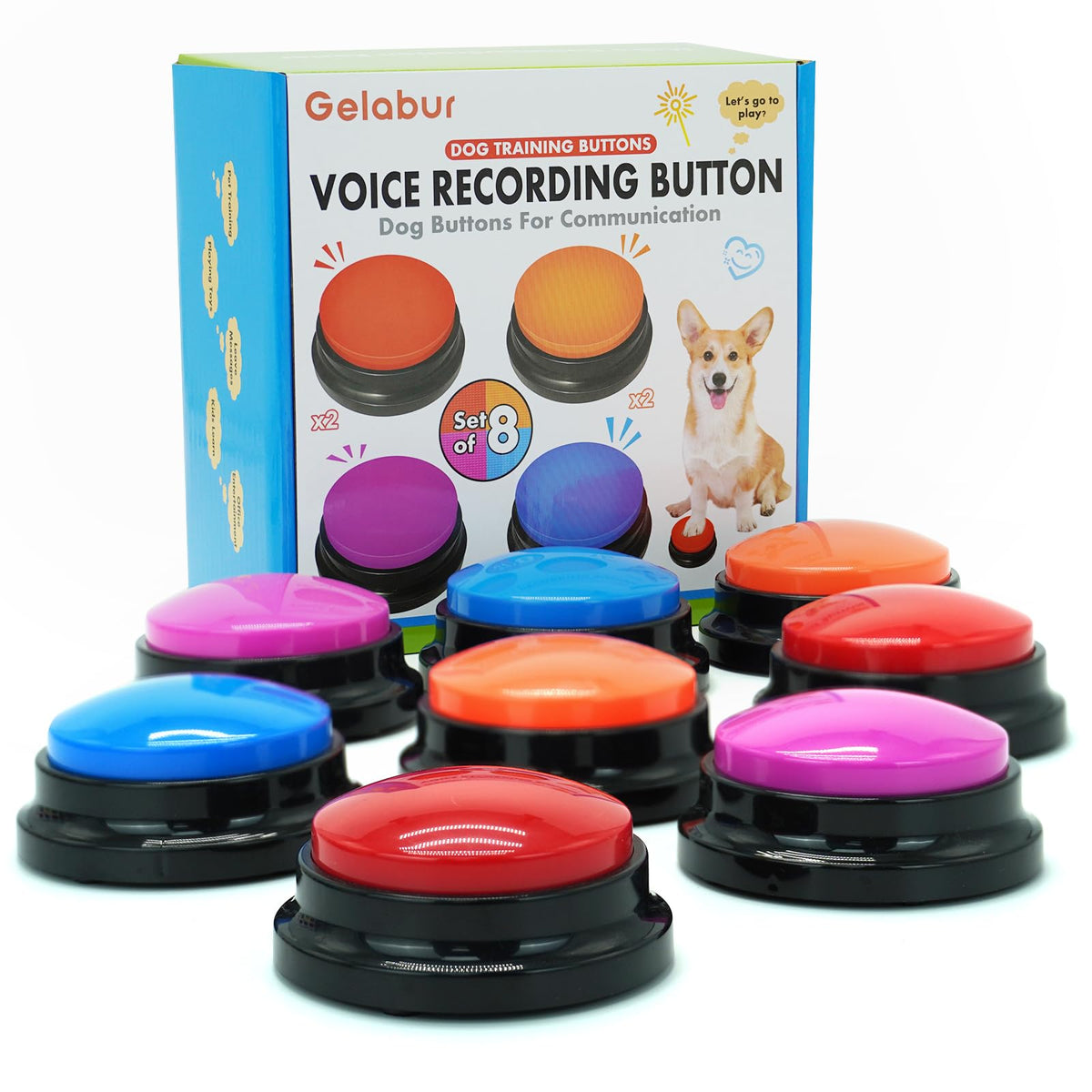 Gelabur dog buttons front view showing eight buttons for quick communication